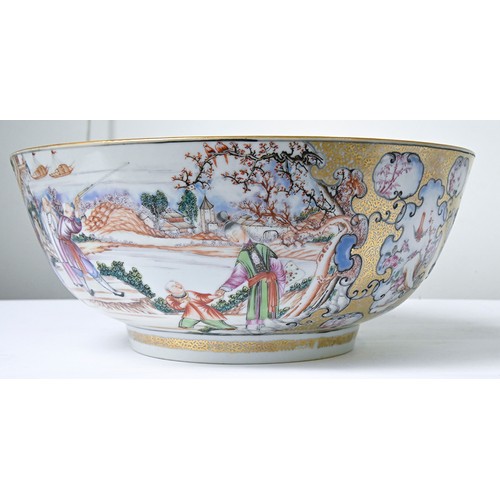 848 - A Chinese export porcelain punch bowl, c1770, enamelled with a 'Mandarin' pattern, the interior with... 