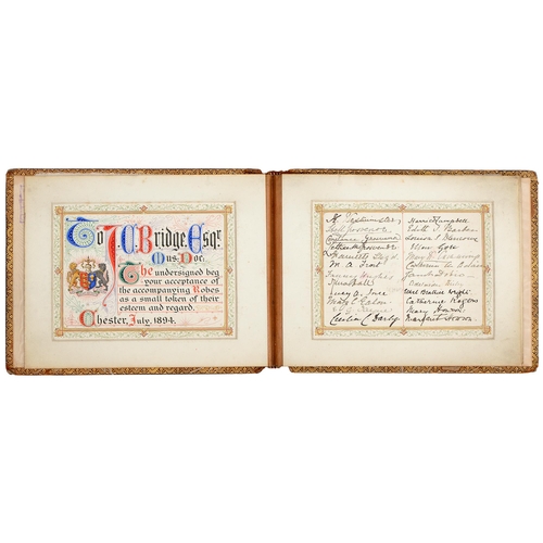 311 - Music. Joseph Cox Bridge (1853-1929), a scrivened and illuminated address, dated Chester, July, 1894... 