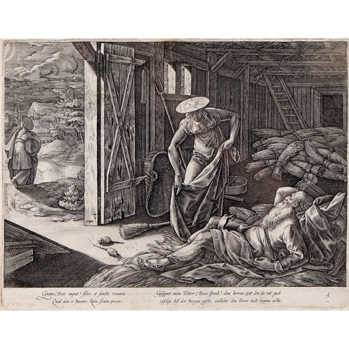 350 - Hendrick Goltzius (1558-1617) - Ruth and Boaz in the Barn, above a parallel Latin and German inscrip... 