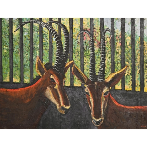 469 - Derek Carruthers (1935-2021) - Two Deer, signed, dated 1991-3 verso, oil on canvas, 104 x 137cm, unf... 