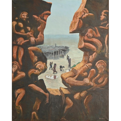 472 - Derek Carruthers (1935-2021) - Figures on the Shore, signed, signed again and dated 1984 verso, oil ... 