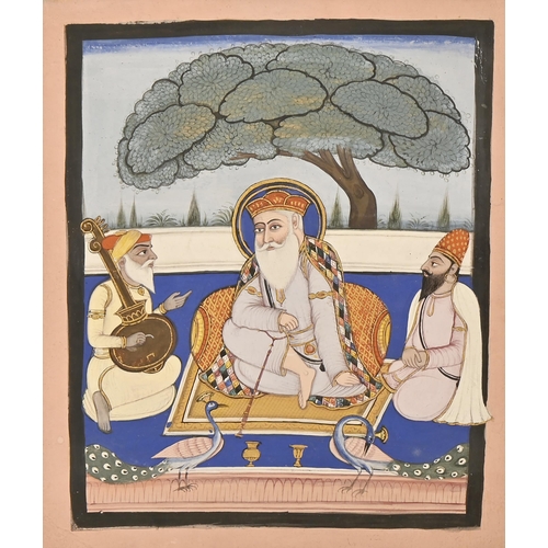 684 - Pahari School, India, 19th c - Guru Nanak, ink, bodycolour and gold on paper with old inscription ve... 