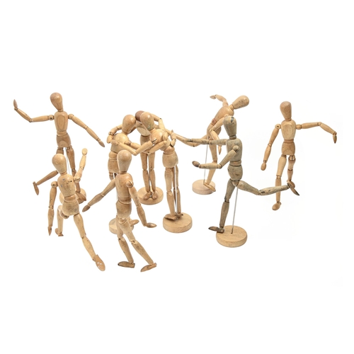 686 - Twelve artist's wooden lay figures from the studio of Derek Carruthers (1935-2021),  49cm and shorte... 