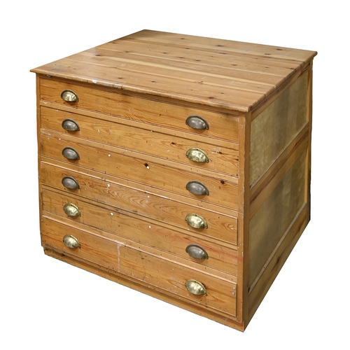 695 - A waxed pine plan chest, with plywood boarded sides, 84cm h; 88 x 101cm