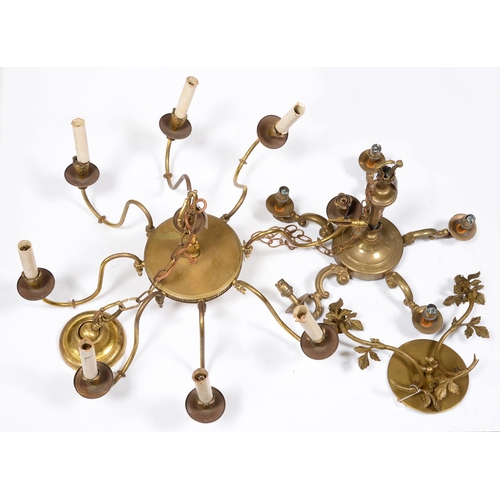 770 - A lacquered brass eight-branch chandelier, 76cm wide, another, five-branch, and a wall sconce, ... 