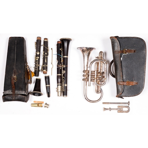 790 - Musical instruments. A Besson & Co cornet, 19th c, cased, an Albert rosewood clarinet, anot... 