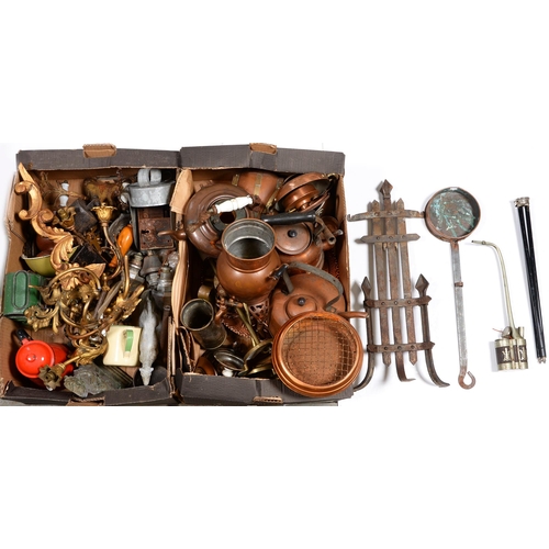 793 - Miscellaneous metalware, mostly copper and brass, including a scuttle, pans, kettle, etc ... 