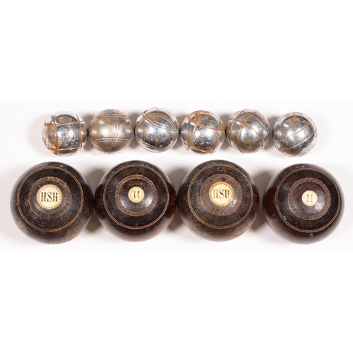 794 - Four lignum vitae bowls, c. 1900, a set of aluminium boules 