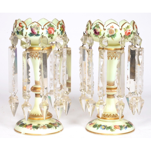 851 - A pair of opaline glass lustres, c. 1870, picked-out with polychrome flowers, cut-glass taperin... 