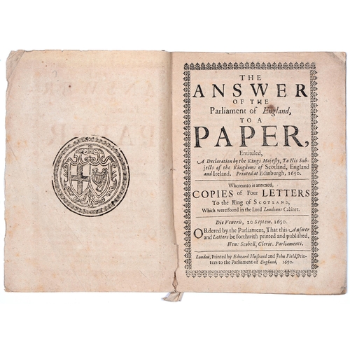 87 - English Civil War Pamphlet. [Charles II & the Commonwealth of England] The Answer of the Parliam... 