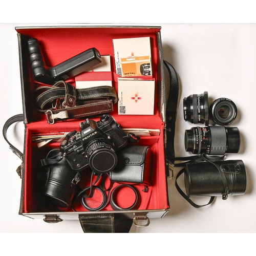 871 - A Pentax Super A camera, with 1:1.7 50mm lens, other lenses and further photographic accessories, tw... 