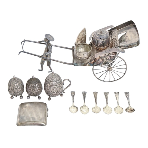 400 - A South East Asian silver rickshaw novelty cruet frame and three basket or vegetable shaped condimen... 