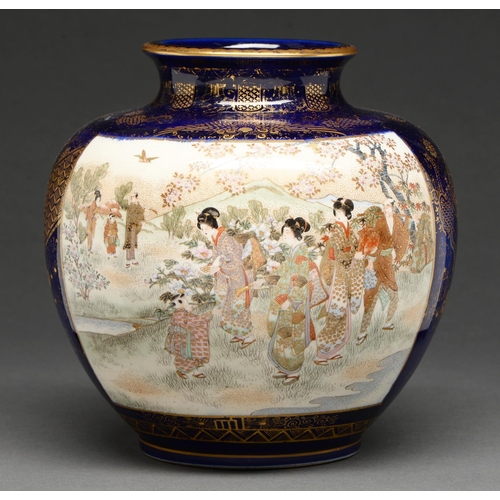 721 - A Japanese Satsuma vase by Kozan, Meiji period, of globular shape and painted with two rectangular p... 