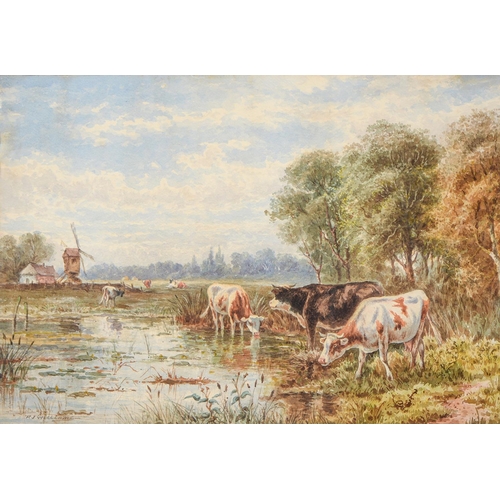 1093 - P J Williams, 19th / 20th c - Landscape with Cattle and a Windmill, signed, watercolour, 44.5 x 63.5... 