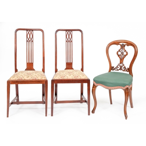 1192 - A pair of mahogany dining chairs, early 20th c, with pierced splat and a Victorian walnut dining cha... 