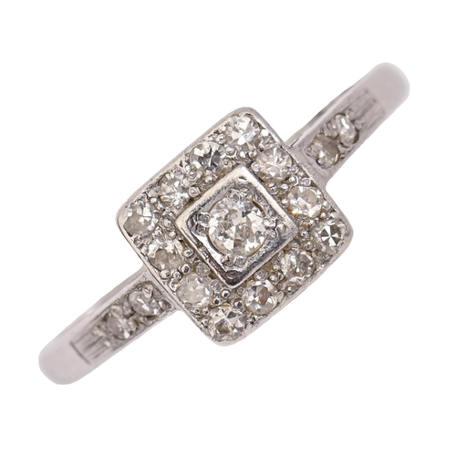 1 - A diamond square cluster ring, white gold hoop, engraved 18CT WG & PT, 2.5g, size P... 