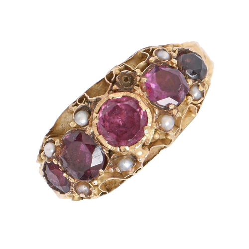 10 - A Victorian amethyst and pearl ring, in 15ct gold, with chased loop, Chester 1883, 2.6g, size K... 