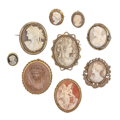 101 - Nine cameo brooches, 19th and 20th c, of shell or lava, each carved with the head of a young woman, ... 