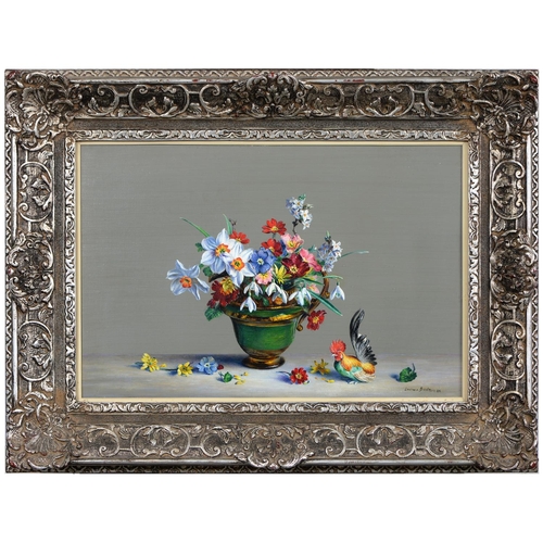 1043 - Laurence Biddle (1888-1968) - Spring Flowers in a Green Vase, signed and dated '56, oil on canvas la... 