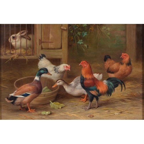 1053 - Edgar Hunt (1876-1953) - Cock and Hens with Ducks before a Rabbit Hutch; Pigeons and Rabbits, a pair... 