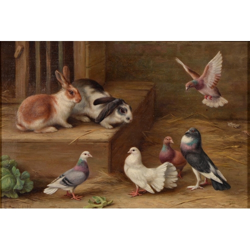 1053 - Edgar Hunt (1876-1953) - Cock and Hens with Ducks before a Rabbit Hutch; Pigeons and Rabbits, a pair... 