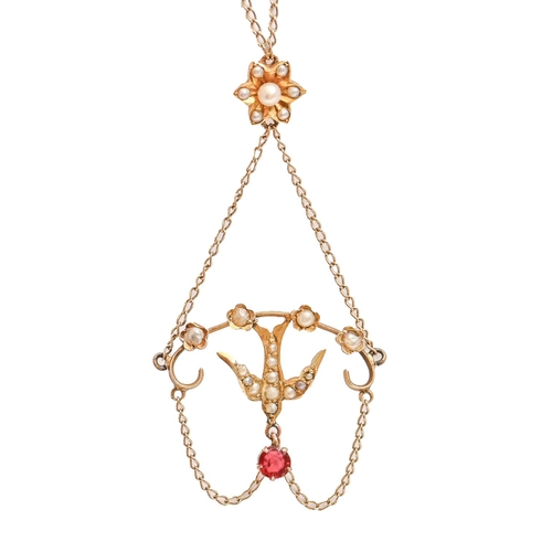 106 - A red paste, split pearl and gold swallow pendant, on integral necklet, pendant 53mm, marked 14ct, 3... 