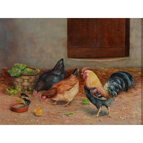 1065 - Follower of Edgar Hunt - Hens and a Rabbit by a Rabbit Hutch, bears signature, oil on canvas, 27 x 3... 