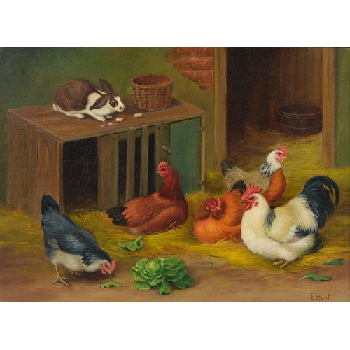 1065 - Follower of Edgar Hunt - Hens and a Rabbit by a Rabbit Hutch, bears signature, oil on canvas, 27 x 3... 