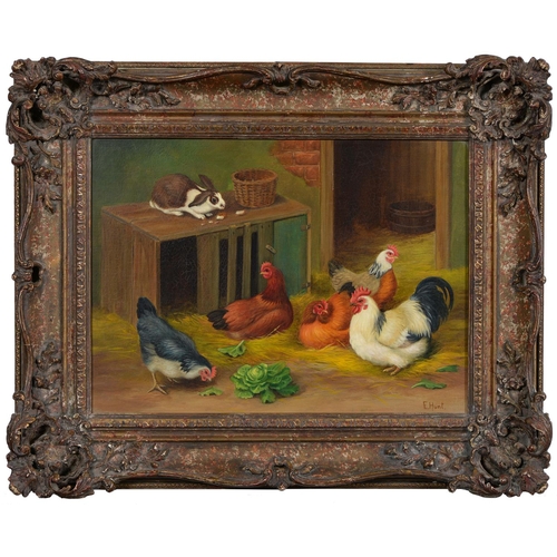 1065 - Follower of Edgar Hunt - Hens and a Rabbit by a Rabbit Hutch, bears signature, oil on canvas, 27 x 3... 