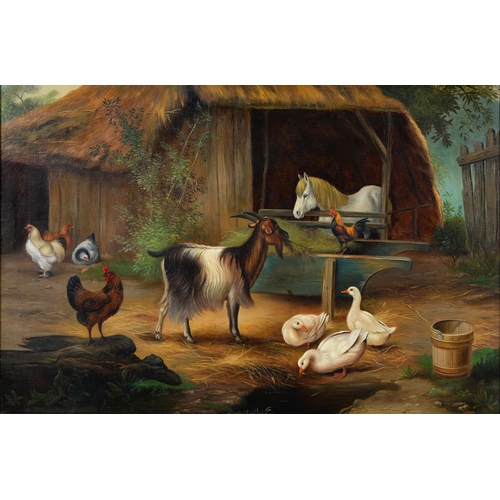 1066 - Follower of Edgar Hunt - Goat and Poultry in a Farmyard, bears signature and date, oil on canvas, 49... 