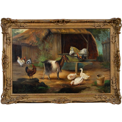 1066 - Follower of Edgar Hunt - Goat and Poultry in a Farmyard, bears signature and date, oil on canvas, 49... 