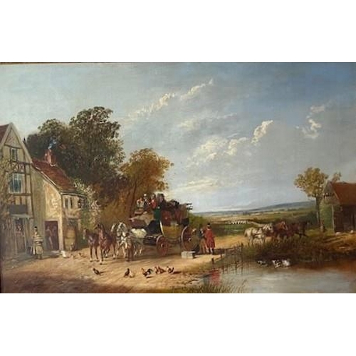 1069 - English School, mid 19th c - The London to York Mail Coach outside a Country Inn, with signature Edw... 