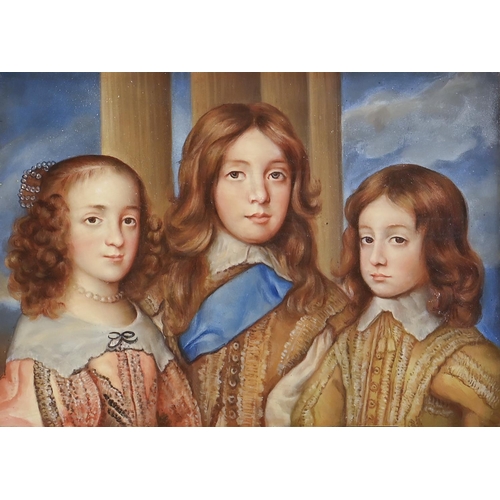 1074 - 20th c follower of Sir Anthony van Dyck - The Three Eldest Children of Charles I, oil on brass, 12.5... 