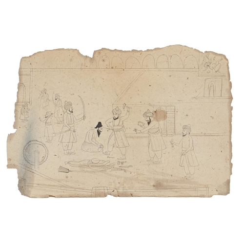 1076 - Indian School - Miniature, pen and ink on paper, irregular, approximately 19 x 31cm, unframed... 