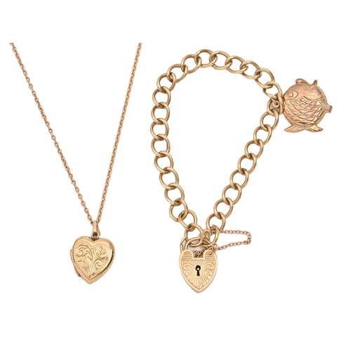 108 - A 9ct gold bracelet and padlock, with goldfish charm, 18cm l and a gold heart locket and necklet, 21... 