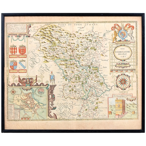 1087 - John Speede - Derbyshire, double page engraved map, 1676, 44 x 53cm, browned, three prints of Derby ... 