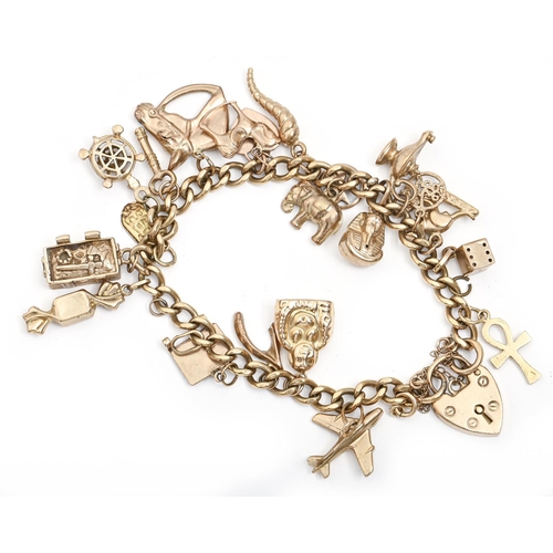 109 - A 9ct gold charm bracelet, with a collection of gold charms, 20cm l, 36.8g