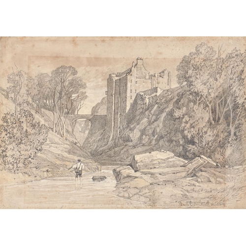 1122 - Miles Edmund Cotman (1810-1858) - Angler in a Rocky Gorge beneath a Fortified House, signed and date... 