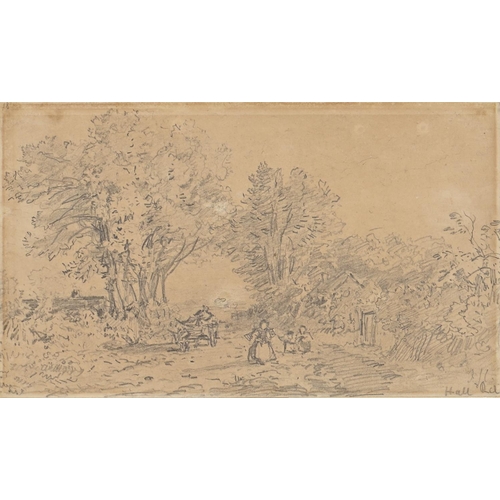 1123 - John Joseph Cotman (1814-1878) - Figures and a Wagon on a Country Lane, inscribed Hall Rd, pencil, 1... 