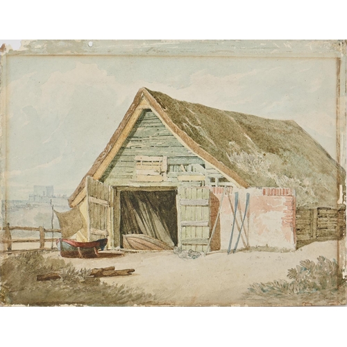 1131 - Miles Edmund Cotman (1810-1858) - A Boat House (recto); A Lychgate (verso), signed and dated 1821, w... 