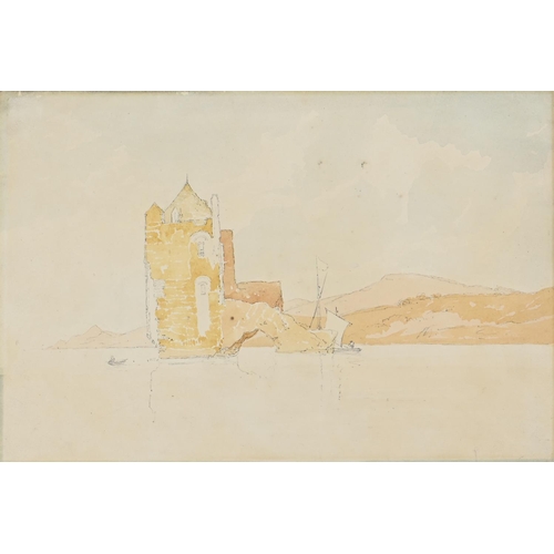 1133 - Attributed to John Sell Cotman (1782-1842) - Lake Scene with Tower, with signature verso, watercolou... 