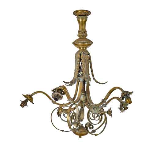 1142 - A brass chandelier, early 20th c, of five lights on scrolling branches divided by acanthus leaves, r... 