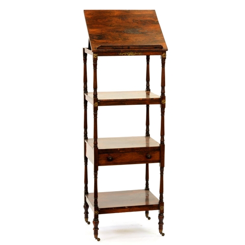 1172 - An early Victorian rosewood whatnot, of four tiers with adjustable top and drawer, brass castors, 12... 