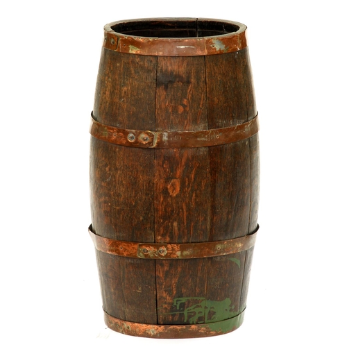 1184 - A copper bound barrel shaped oak stick stand, 60cm h