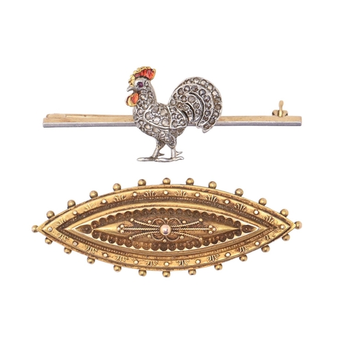 121 - A diamond and gold and enamel cockerel bar brooch, early 20th c, 48mm l and a Victorian gold shuttle... 