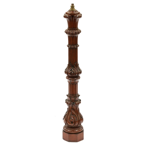 1210 - A Victorian carved and fluted mahogany newel post, on octagonal base, adapted as a lamp, 93cm h excl... 