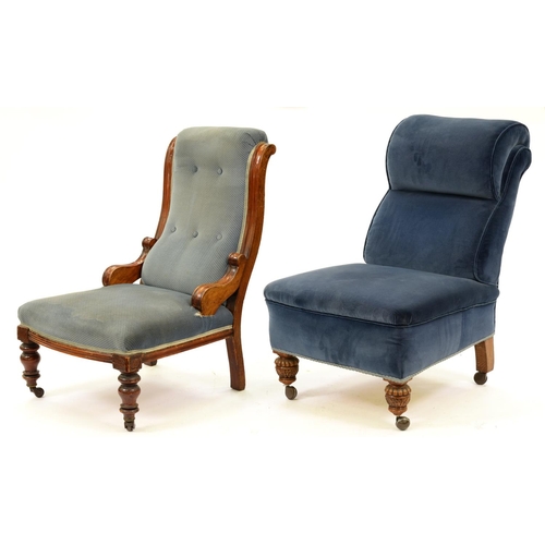 1215 - A Victorian mahogany scroll back nursing chair and another, on carved oak feet, later shepherd casto... 