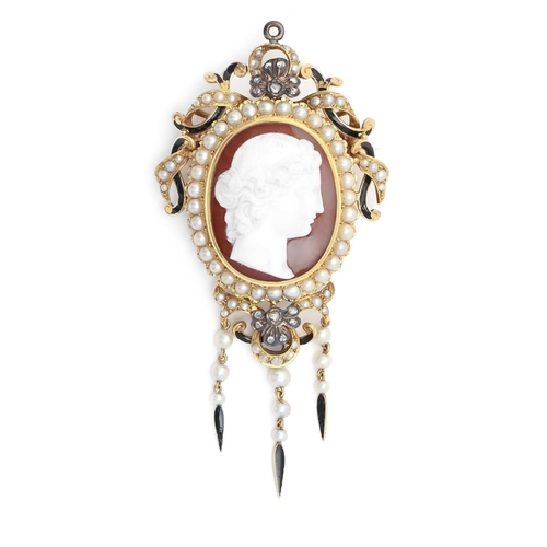 124 - A sardonyx cameo, diamond, split pearl and gold and enamel brooch-pendant, 90mm, 32.3g... 