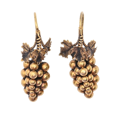 127A - A pair of gold 'grapes' earrings, 19th c, wire loops, 30mm, 2.4g