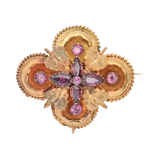 129A - A Victorian amethyst brooch, of beaded quatrefoil design, in gold, 37mm l, 6g